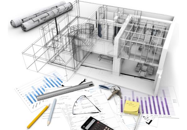 3D architectural model of a building with plans and charts